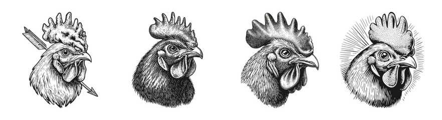 Unique Vector Silhouettes of Cockerels with Distinct Expressions, vector illustration, engraving design, logo design set, black and white line, template design element