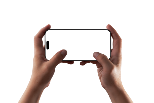 Horizontal smartphone held with both hands transparent, blank screen mockup great for video, game UI previews, or landscape app presentations