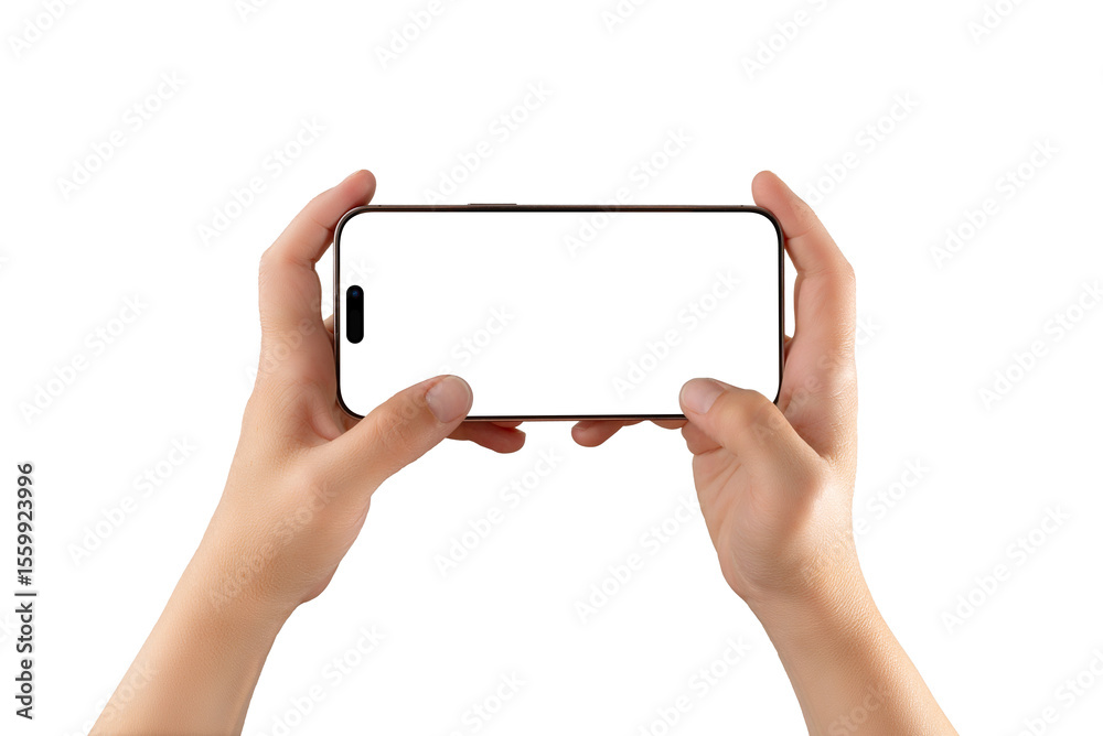 Poster horizontal phone mockup in hands on white transparent background, ideal for app demonstrations, full