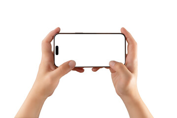Horizontal phone mockup in hands on white transparent background, ideal for app demonstrations,...