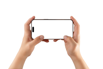 Horizontal phone mockup in hands on white transparent background, ideal for app demonstrations, fullscreen content, or responsive layout designs