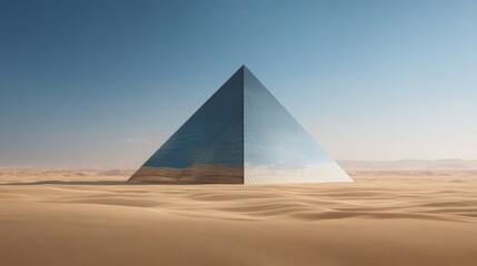 Modern glass pyramid set amidst desert dunes under a clear blue sky