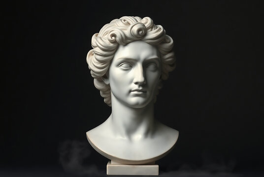 A classical marble bust of a man with curly hair is displayed against a dark background, highlighting its intricate details and artistic elegance. - Powered by Adobe
