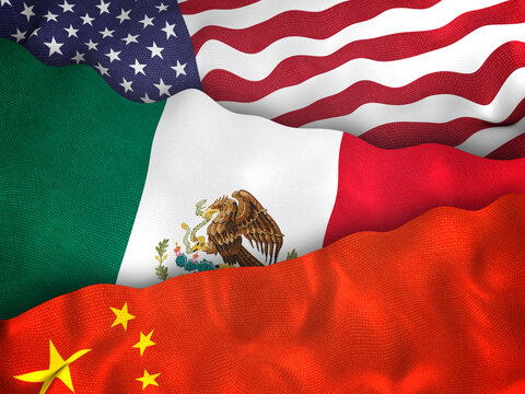 Illustration of USA, Mexico, and China flags together, representing global trade routes, manufacturing shifts, and supply chain geopolitics.
