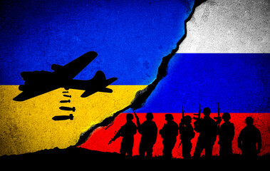 War between Russia and Ukraine with Silhouette airplane bomber on cracked wall with national flag...