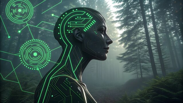 Cyborg female with green circuit patterns in a forest with tall trees and a foggy atmosphere view