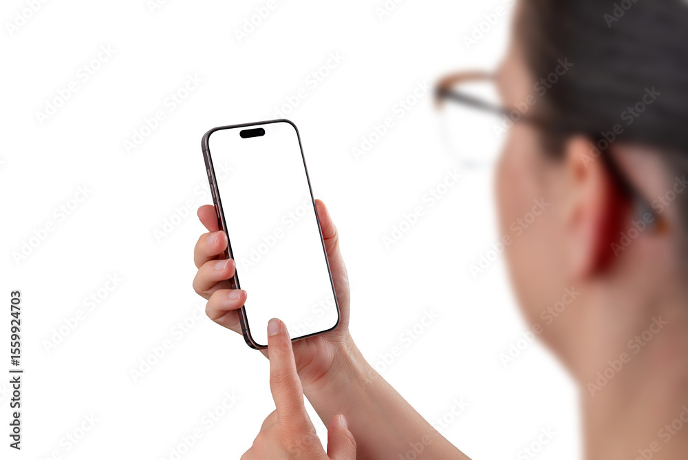 Poster woman using smartphone with blank screen transparent, perfect for app interface mockups, user intera