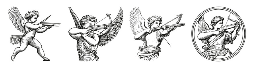 Classical Illustrations of Cupid Shooting Arrows in Various Poses, vector illustration, engraving design, logo design set, black and white line