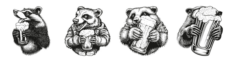 Funny Animal Illustrations of Raccoons and Bears Enjoying Beer, vector illustration, engraving design, logo design set, black and white line