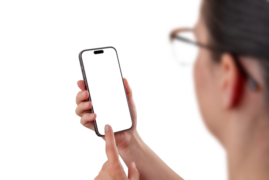 Woman using smartphone with blank screen transparent, perfect for app interface mockups, user interaction concepts, or digital service promotion