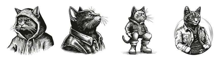 Vintage Illustrations of Cool Cats in Stylish Outfits and Poses, vector illustration, engraving design, logo design set, black and white line