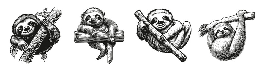 Adorable Sloths Illustrations in Vintage Style for Nature Lovers, vector illustration, engraving design, logo design set, black and white line