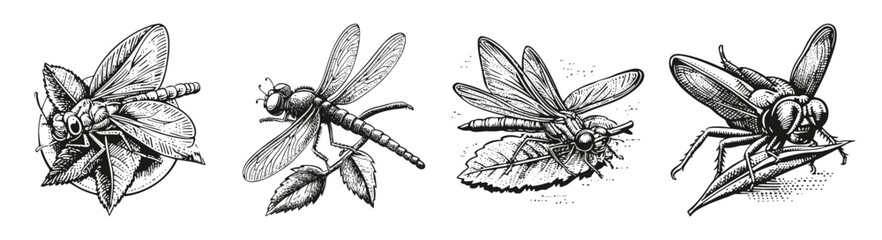 Vintage Illustrations of Dragonflies on Leaves and Flowers, vector illustration, engraving design, logo design set, black and white line