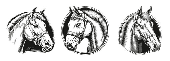 Detailed Black and White Illustrations of Horse Heads in Profiles, vector illustration, engraving design, logo design set, black and white line