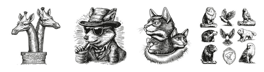 Artistic Illustrations of Animals in Vintage Black and White Style, vector illustration, engraving design, logo design set, black and white line