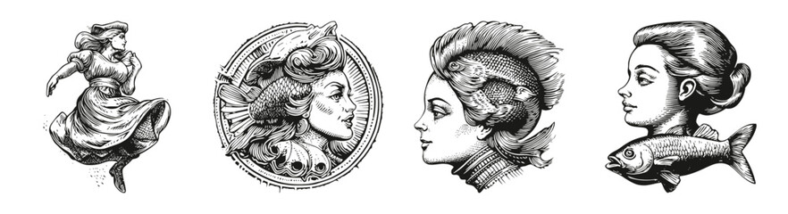 Vintage Illustrations of Women with Fish Elements in Stylish Designs, vector illustration, engraving design, logo design set, black and white line