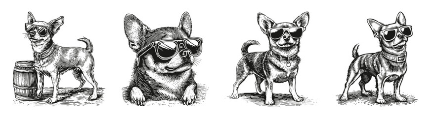 Stylish Chihuahuas in Sunglasses with Fun Accessories, vector illustration, engraving design, logo design set, black and white line