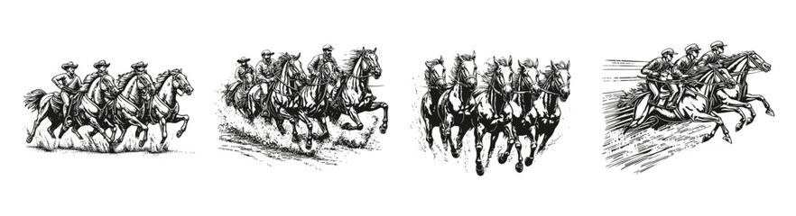 Historical Horse Racing Illustrations in Vintage Black and White Style, vector illustration, engraving design, logo design set, black and white line