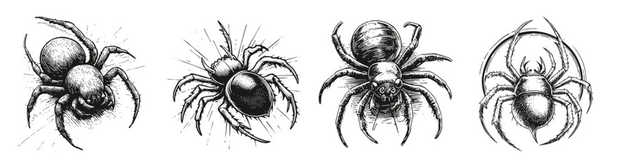 Detailed Spider Illustrations in Black and White Line Art Style, vector illustration, engraving design, logo design set, black and white line