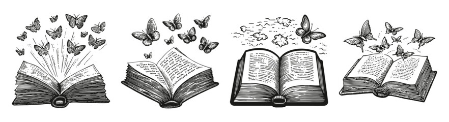 Enchanting Books and Butterflies: Transformative Tales of Imagination, vector illustration, engraving design, logo design set, black and white line