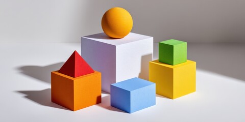 Obraz premium Abstract geometric shapes, colored blocks, balance, cube, sphere, pyramid, structure, solid, modern, form