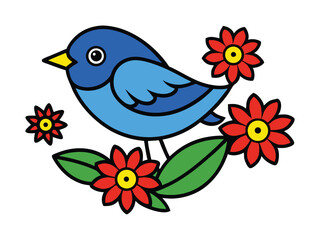Blue Bird with Red Flowers Colorful Cartoon Illustration