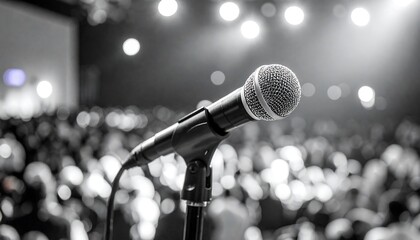 Microphone on stage with blurry audience.