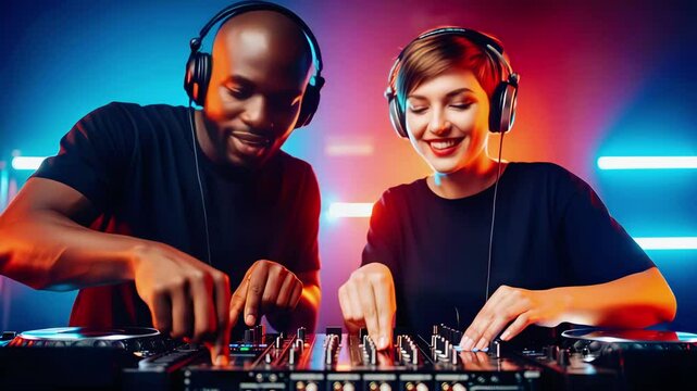Energetic DJs mixing vibrant beats in a colorful nightlife setting