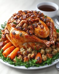 Roasted stuffed turkey with gravy and carrots