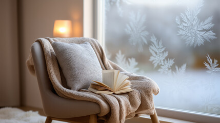 Cozy winter reading nook with comfortable chair, knitted throw and frosted window creating perfect hygge atmosphere