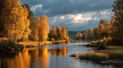 Obraz premium Vibrant foliage reflecting in a serene river under a dramatic cloudy sky during the peak of autumn