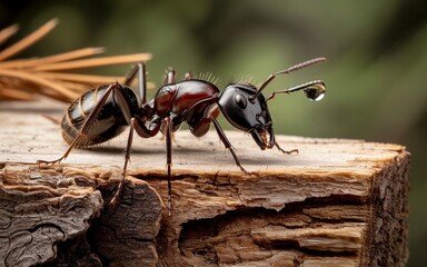 Ant with Water Droplet on Antennae Standing on Weathered Wood