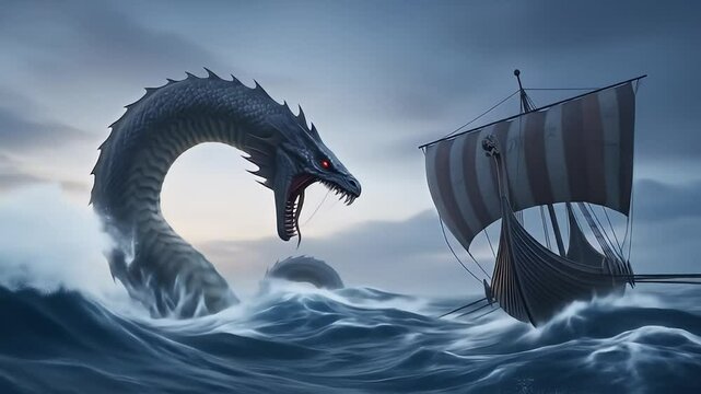 Sea Serpent Attacks Viking Ship Epic Mythical Creature Legend
