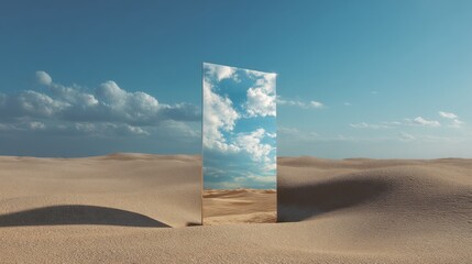 Surreal desert landscape with a reflective mirror amidst sand dunes