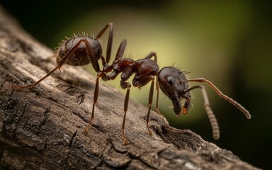 Detailed Macro of a Dark Brown Ant on a Textured Tree Branch
