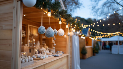 Modern Christmas market stall featuring elegant knitted ornaments and warm string lights in festive evening setting