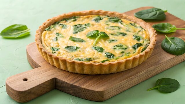 Delicious spinach and cheese quiche presented on a wooden cutting board