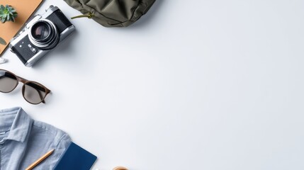 A flat lay of travel essentials including a camera, sunglasses, notebook, and backpack on a clean surface