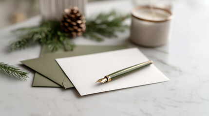 Holiday greeting card writing setup with gray envelope and golden pen surrounded by Christmas ornaments