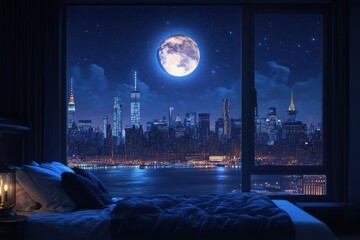 Cozy Bedroom with Stunning Night View of Twinkling City Skyline and Moonlit Sky