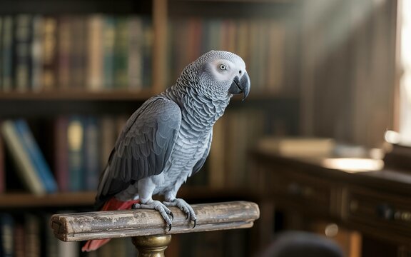 African Grey Parrot perched on a wooden stand with a blurred bookshelf background - Powered by Adobe