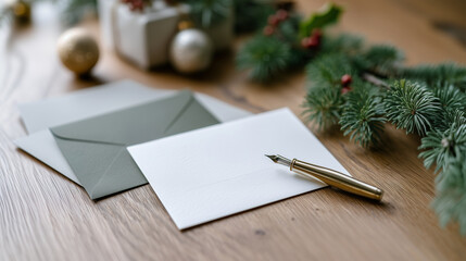 Blank Christmas card with elegant fountain pen and festive evergreen decorations on rustic wooden table