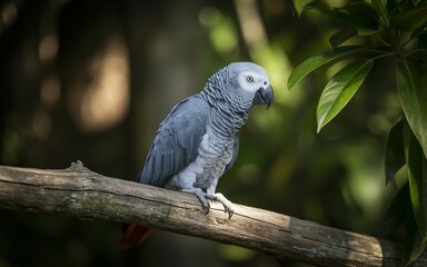 Obraz premium African Grey Parrot Perched on Branch with Lush Green Foliage Backdrop