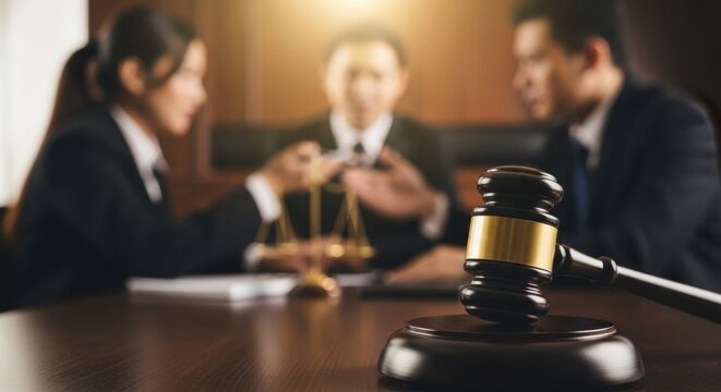 Legal consultation in progress. A judge's gavel is in the foreground with a blurred background of a lawyer advising clients or a team negotiating a deal in an office.