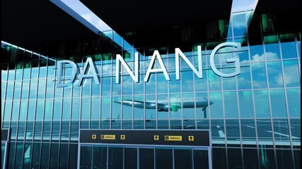 Airlane landing at Da Nang. Arrival in the city with reflection of airport and aircraft