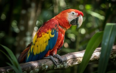Scarlet Macaw Perched on Branch, Vivid Plumage and Intense Gaze in Tropical Setting