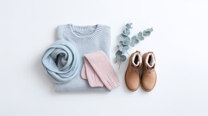 Soft winter fashion flat lay with blue knit sweater, pink gloves and eucalyptus branch styling