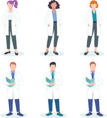 A group of six doctors standing in a white background wearing white coats and holding documents or hands