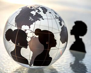 Diverse female silhouettes blend with a world map on a glass globe, symbolizing global unity.
