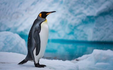 Fototapeta premium Majestic King Penguin Stands Proudly on Antarctic Ice with Glacial Backdrop